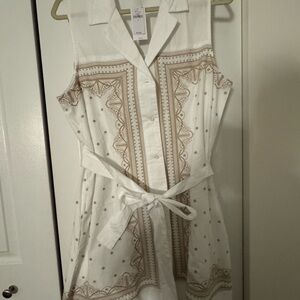Buttons White and Brown Patterned Mini Dress- New